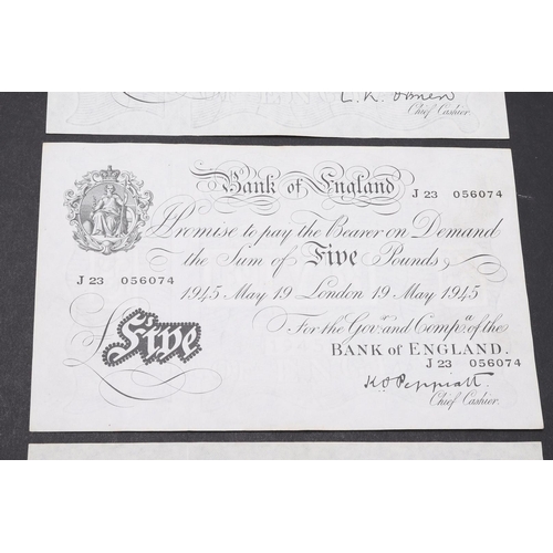 1421 - THREE BANK OF ENGLAND WHITE FIVE POUND NOTES. Three black and white series five pound notes: May 19t... 