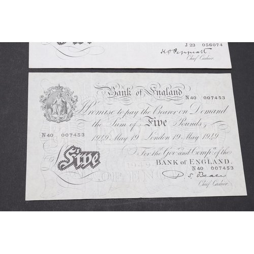 1421 - THREE BANK OF ENGLAND WHITE FIVE POUND NOTES. Three black and white series five pound notes: May 19t... 