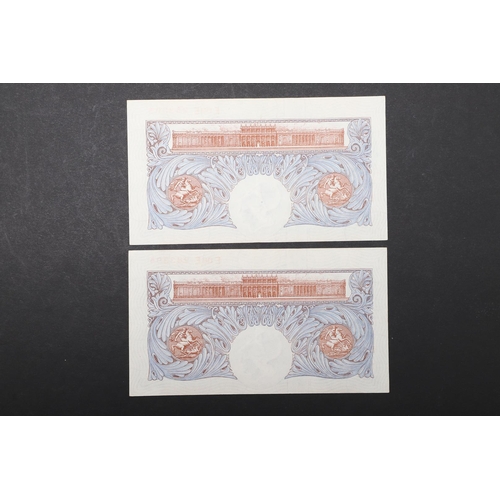 1423 - TWO BANK OF ENGLAND SERIES 'A' BLUE ONE POUND NOTES WITH CONSECUTIVE NUMBERS. Two series 'A' Britann... 