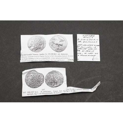 1434 - GREEK COINAGE: VENUSIA. APULIA c. 210-200 B.C. Quincunx, Laureate head of Jupiter l. with five pelle... 