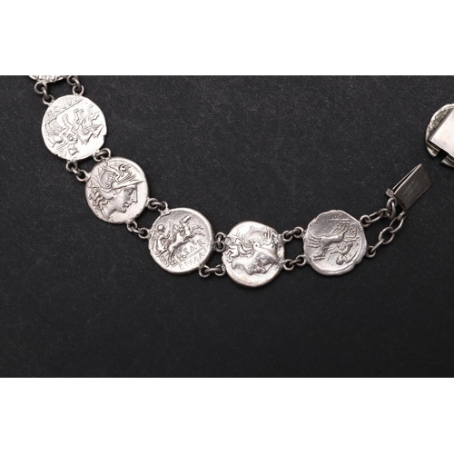 1435 - A NECKLACE AND PAIR OF EARINGS FORMED FROM EIGHTEEN PRE-IMPERIAL SILVER DENARIUS. A necklace formed ... 