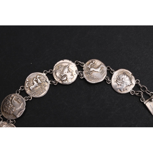 1435 - A NECKLACE AND PAIR OF EARINGS FORMED FROM EIGHTEEN PRE-IMPERIAL SILVER DENARIUS. A necklace formed ... 