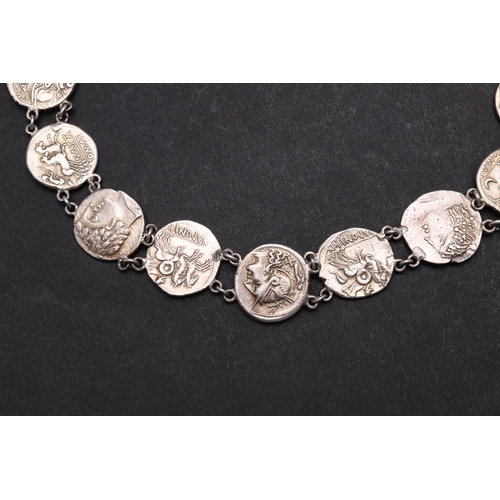 1435 - A NECKLACE AND PAIR OF EARINGS FORMED FROM EIGHTEEN PRE-IMPERIAL SILVER DENARIUS. A necklace formed ... 