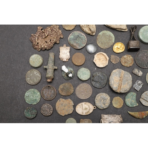 1449 - AN INTERESTING COLLECTION OF DETECTING FINDS TO INCLUDE A PILGRIM FLASK. A collection of varied dete... 