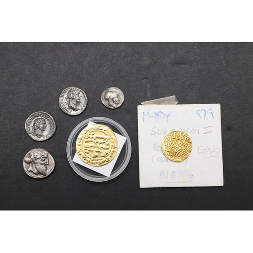 1452 - A SMALL COLLECTION OF ANCIENT COINS INCLUDING TWO GOLD ISSUES. A small Ottoman gold issue possibly S... 