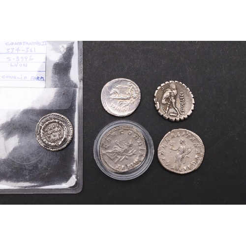 1453 - A SMALL COLLECTION OF ROMAN SILVER COINS. Five silver coins: A Republic period Denarius serratus, C.... 