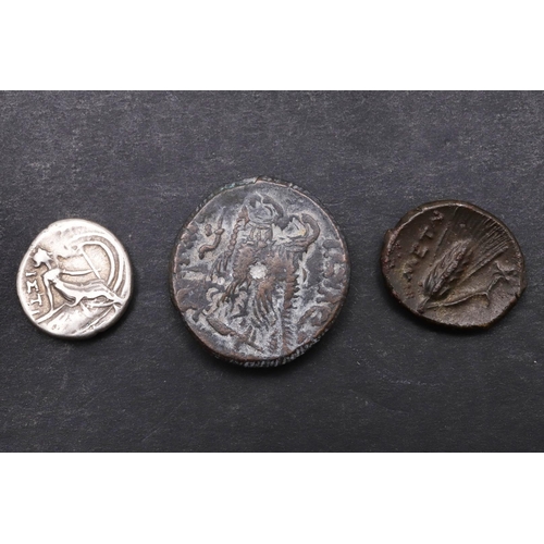 1456 - AN EGYPTIAN COIN OF PTOLEMY III (246-221 B.C.) AND TWO GREEK COINS. An Egyptian coin, Diademed head ... 