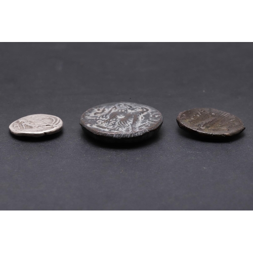 1456 - AN EGYPTIAN COIN OF PTOLEMY III (246-221 B.C.) AND TWO GREEK COINS. An Egyptian coin, Diademed head ... 