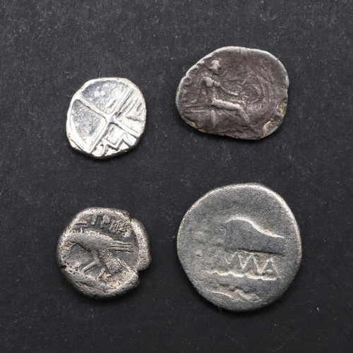 1457 - GREEK COINS: FOUR SMALL DENOMINATION COINS TO INCLUDE HISTIAIA. Silver tetrobol, Kallatis, young hea... 