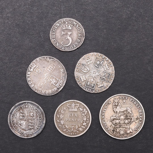 1501 - A WILLIAM AND MARY THREE PENCE, 1689, AND OTHER SMALL SILVER. William and Mary, conjoined busts r. r... 