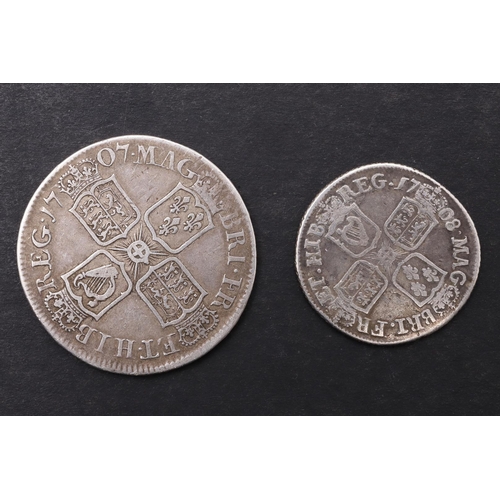 1510 - A QUEEN ANNE HALFCROWN, EDINBURGH 1707, SIMILAR SHILLING 1708. Queen Anne, draped bust l with E belo... 