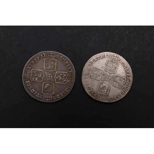 1516 - TWO GEORGE II LIMA SIXPENCE, 1745 AND 1746. A George II sixpence, old laureate and draped bust l. wi... 