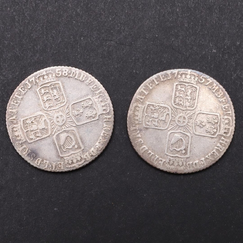 1522 - TWO GEORGE II SIXPENCE, 1757 AND 1758. A George II sixpence, old laureate and draped bust l. the rev... 