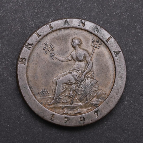 1528 - A GEORGE III PENNY, 1797. A George III Penny, Soho mint 'Cartwheel' issue, laureate and draped bust ... 