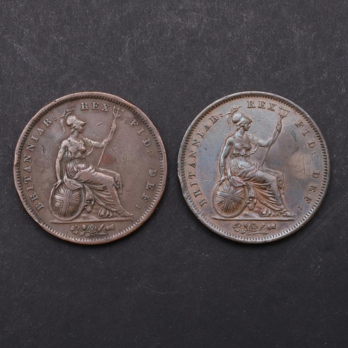 1536 - TWO GEORGE IV PENNIES, 1826. George IV copper penny for 1826, laureate head l. reverse seated figure... 