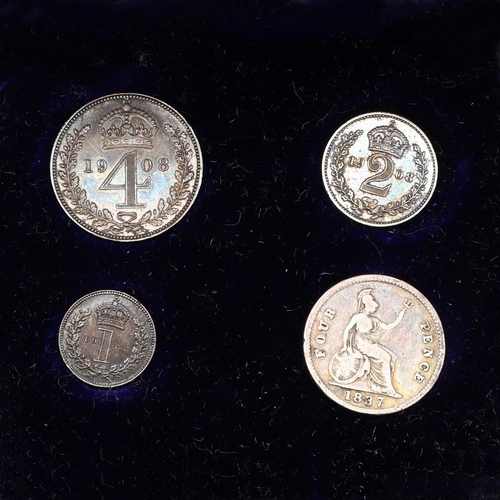 1555 - A CASED PART SET OF EDWARD VII MAUNDY COINS,1908. A part set of Edward VII Maundy coins: fourpence, ... 