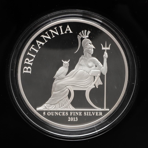 1577 - A ROYAL MINT FIVE OUNCE SILVER PROOF BRITANNIA, 2013. A silver proof five ounce Britannia, 2013, £10... 