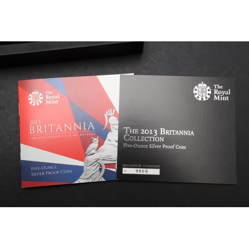 1577 - A ROYAL MINT FIVE OUNCE SILVER PROOF BRITANNIA, 2013. A silver proof five ounce Britannia, 2013, £10... 