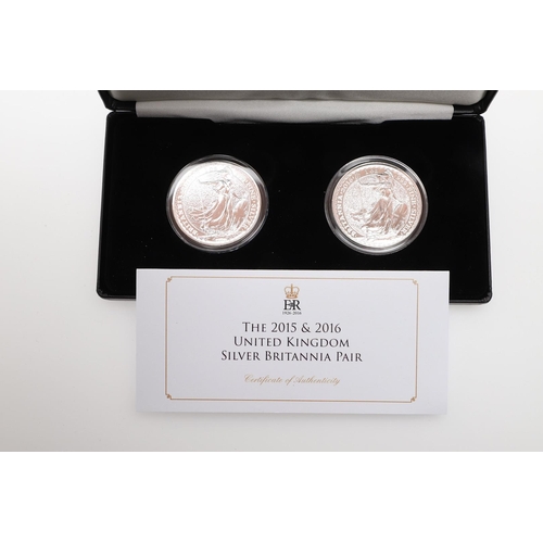 1588 - A COLLECTION OF JUBILEE MINT RECENT SILVER ISSUES. A two coin set: 2015 and 2016 1oz silver Britanni... 