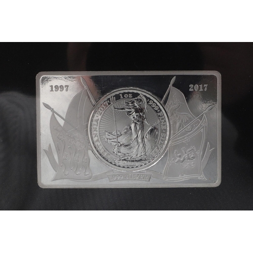 1595 - A SILVER BULLION BRITANNIA BAR, 2017 AND SIMILAR EAGLE BAR 2017. Two Westminster 5 oz silver bullion... 