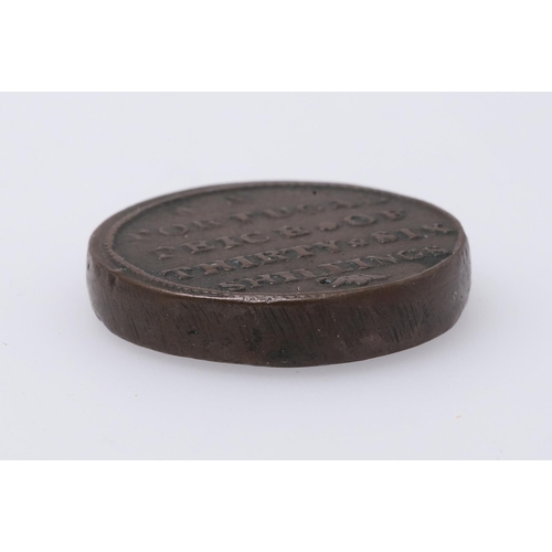 1651 - A PORTUGUESE COIN WEIGHT, THIRTY SIX SHILLINGS, 1746. An unusual Portuguese coin weight, laureate bu... 