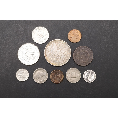 1656 - A U.S.A. DOLLAR, 1881, AND NINE OTHER AMERICAN COINS. An 1881 Dollar, Half Dollar 1964, Quarter Doll... 