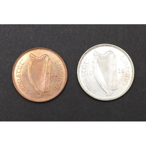 1657 - AN IRISH PROOF HALFCROWN 1928 AND SIMILAR PENNY. A proof halfcrown, Harp with date 1928, Reverse Sta... 