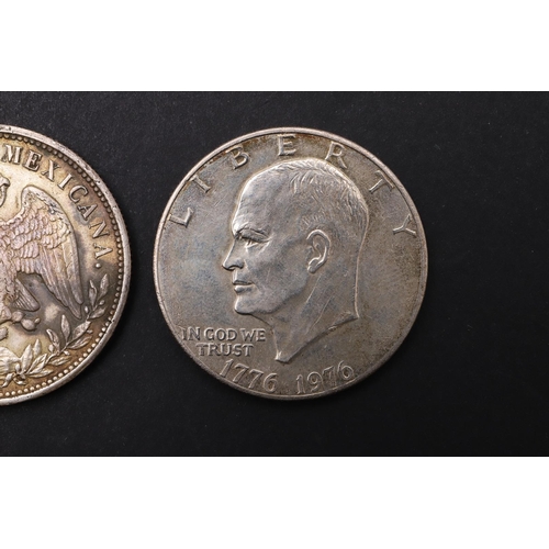 1659 - A MEXICAN SILVER PESO, 1898 AND AN AMERICAN EISENHOWER DOLLAR. A silver Peso. Mo 1898 and a 1976 Eis... 