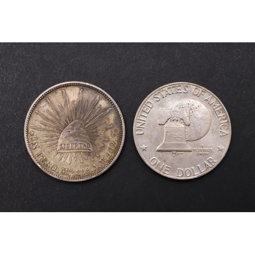 1659 - A MEXICAN SILVER PESO, 1898 AND AN AMERICAN EISENHOWER DOLLAR. A silver Peso. Mo 1898 and a 1976 Eis... 