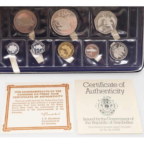 1663 - TWO SEYCHELLES 1976 YEAR SETS, SIMILAR BAHAMAS SET AND OTHERS. A Franklin Mint Commonwealth of the B... 