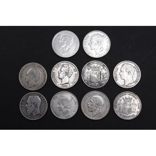 1693 - A COLLECTION OF TEN CROWN SIZED SILVER WORLD COINS TO INCLUDE SPAIN AND BELGIUM. A collection of ten... 