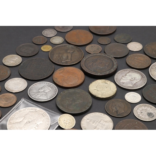 1694 - A MIXED COLLECTION OF WORLD COINS TO INCLUDE AN 1849 CENT. Queen Victoria pennies for 1844 and 1854,... 