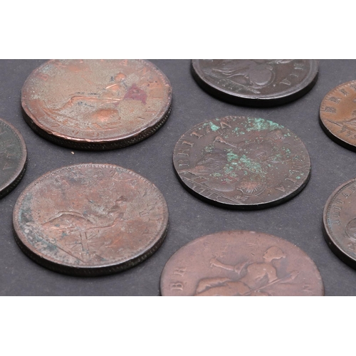 1708 - A GEORGE I 'DUMP' ISSUE HALFPENNY AND OTHER 18TH CENTURY COPPER. A George I halfpenny, second laurea... 