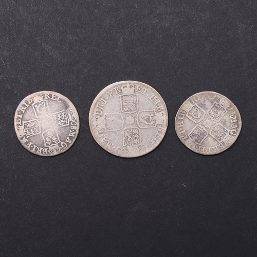 1717 - A QUEEN ANNE SHILLING AND TWO SIXPENCE, 1708 - 1711. A Queen Anne shilling, draped bust l. above E f... 