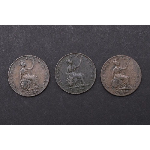 1722 - THREE GEORGE IV HALFPENNIES, 1825, 1826 AND 1827. George IV copper halfpenny, laureate head r. dated... 