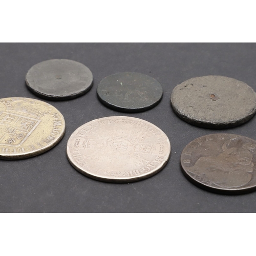 1731 - TWO WILLIAM AND MARY HALFCROWNS, 1689 AND 1692 AND OTHERS TO INCLUDE TIN ISSUES. A William and Mary ... 