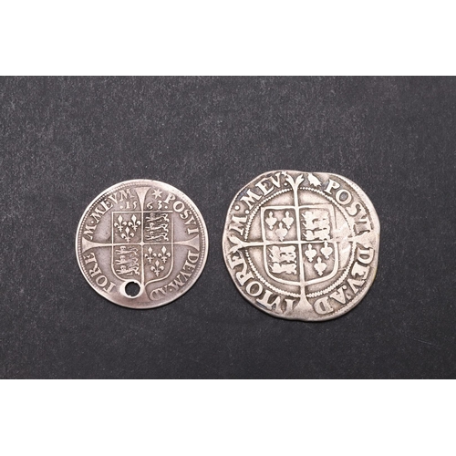 1734 - AN ELIZABETH I HAMMERED SHILLING AND MILLED SIXPENCE. A hammered shilling, second Issue, crowned bus... 