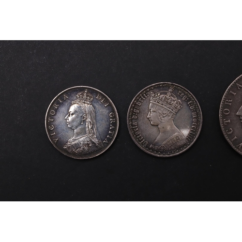 1758 - A VICTORIAN GOTHIC FLORIN 1853, AND TWO OTHERS. A Queen Victoria Gothic Florin, crowned bust l. Reve... 