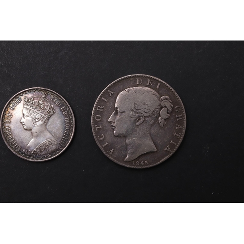 1758 - A VICTORIAN GOTHIC FLORIN 1853, AND TWO OTHERS. A Queen Victoria Gothic Florin, crowned bust l. Reve... 