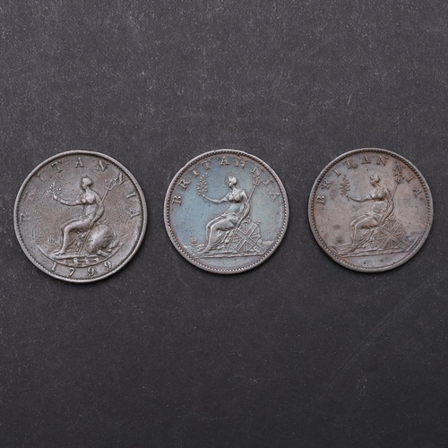 1760 - THREE GEORGE III HALFPENNIES, 1799, 1806 AND 1807. George III halfpenny. Third issue, Soho Mint, lau... 