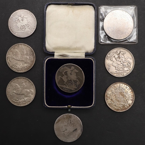 1764 - A COLLECTION OF CROWNS, CHARLES II AND LATER. A collection of Crowns: Charles II, George III, 1822, ... 