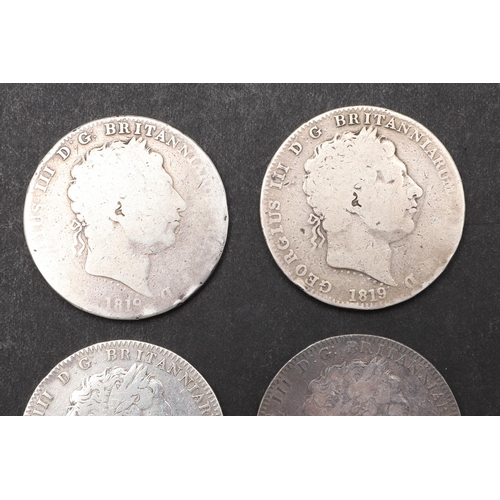 1775 - FOUR GEORGE III CROWNS, 1819 AND 1820. A George III Crown, laureate head r. dated 1819, St George an... 