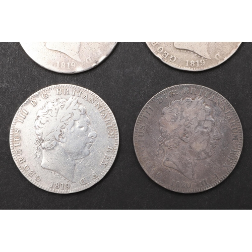 1775 - FOUR GEORGE III CROWNS, 1819 AND 1820. A George III Crown, laureate head r. dated 1819, St George an... 