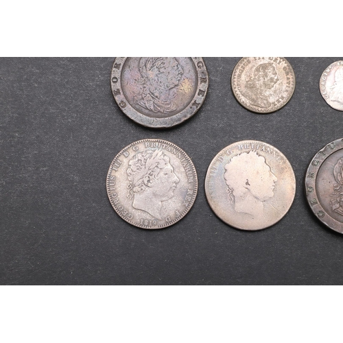 1784 - A GEORGE III CROWN AND A SMALL COLLECTION OF SIMILAR COINS. A George III Crown, laureate bust r. Rev... 