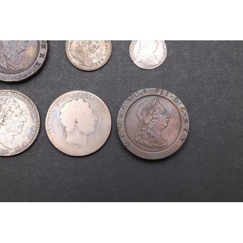 1784 - A GEORGE III CROWN AND A SMALL COLLECTION OF SIMILAR COINS. A George III Crown, laureate bust r. Rev... 