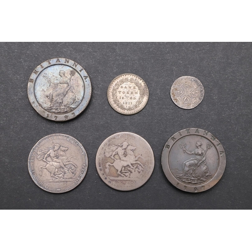 1784 - A GEORGE III CROWN AND A SMALL COLLECTION OF SIMILAR COINS. A George III Crown, laureate bust r. Rev... 