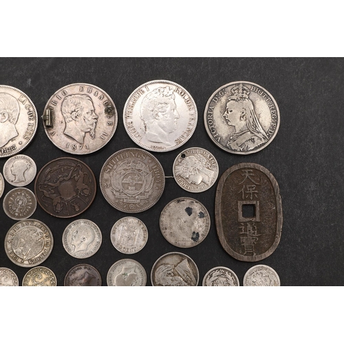 1787 - A COLLECTION OF SILVER AND OTHER COINS TO INCLUDE A QUEEN VICTORIA CROWN, 1889. A Queen Victoria Cro... 