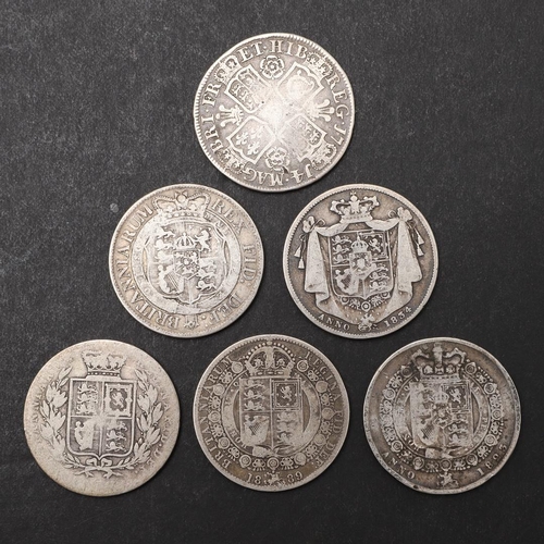 1801 - A QUEEN ANNE HALFCROWN, 1714, AND OTHER SILVER COINS. A Queen Anne Halfcrown, bare bust left, revers... 