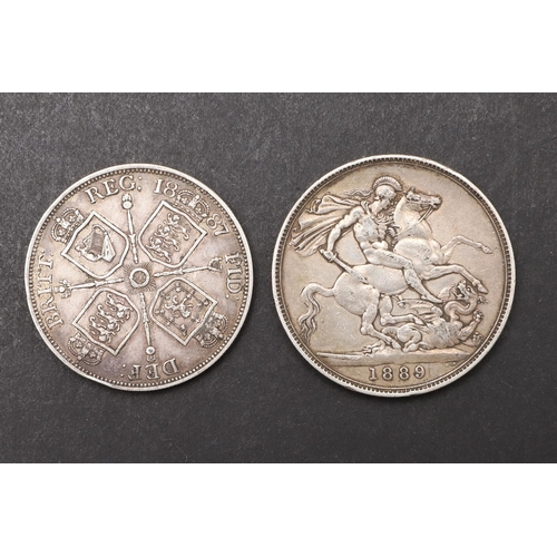 1802 - A QUEEN VICTORIA CROWN, 1889 AND DOUBLE FLORIN 1887. A Crown, Jubilee bust l. Reverse St George and ... 