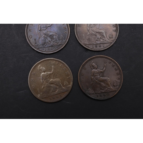 1827 - A COLLECTION OF EARLY VICTORIAN PENNIES, 1860 - 1863. Pennies: bare head l. Reverse seated figure of... 